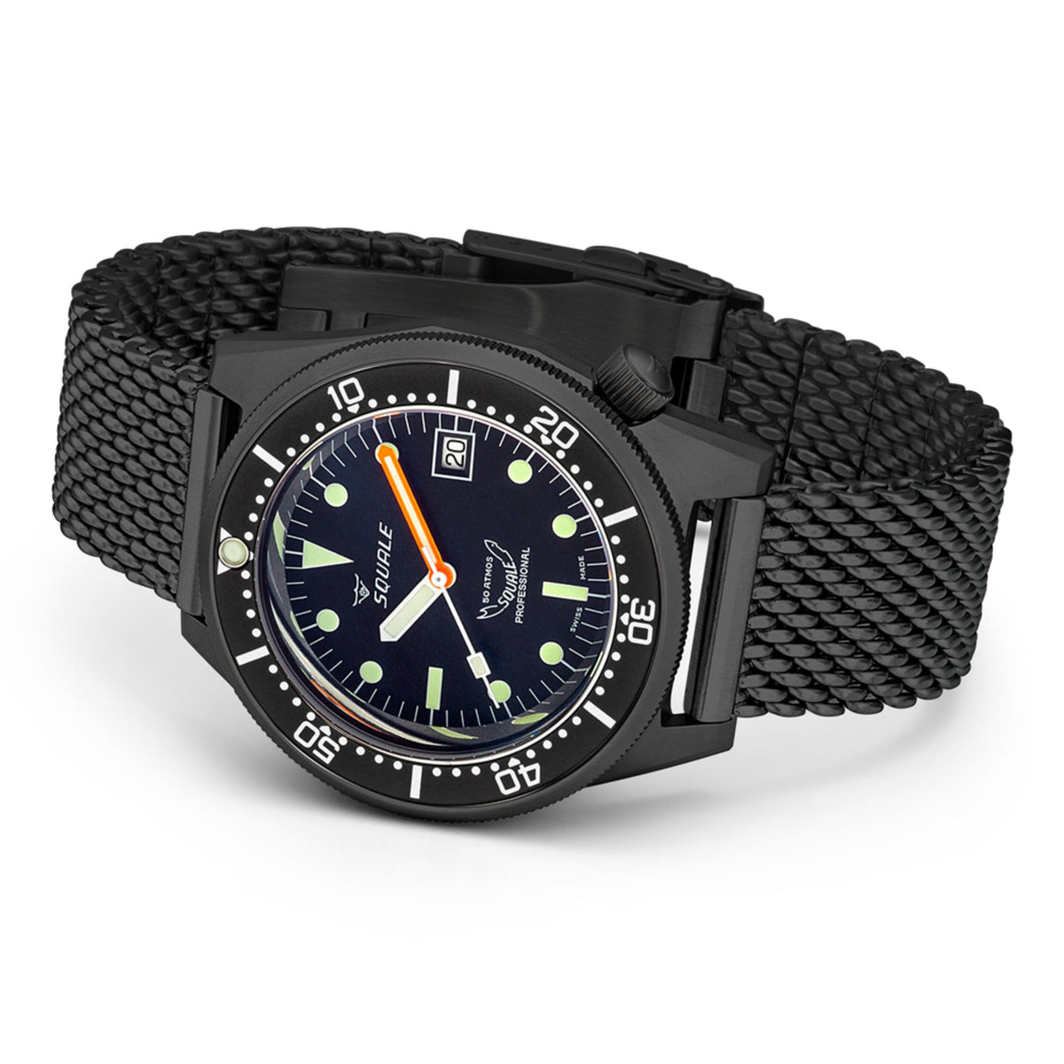 Men's black PVD watch angled view with black mesh strap, dark dial with green lume markers