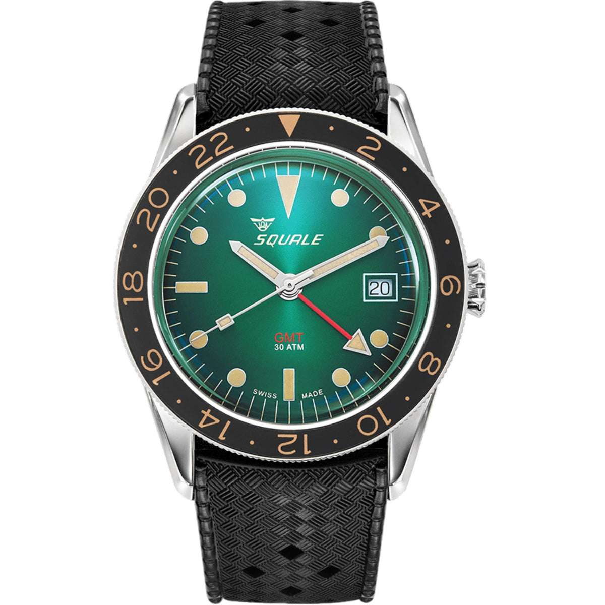 Men's watch with green dial, dark blue bezel, and black textured rubber strap