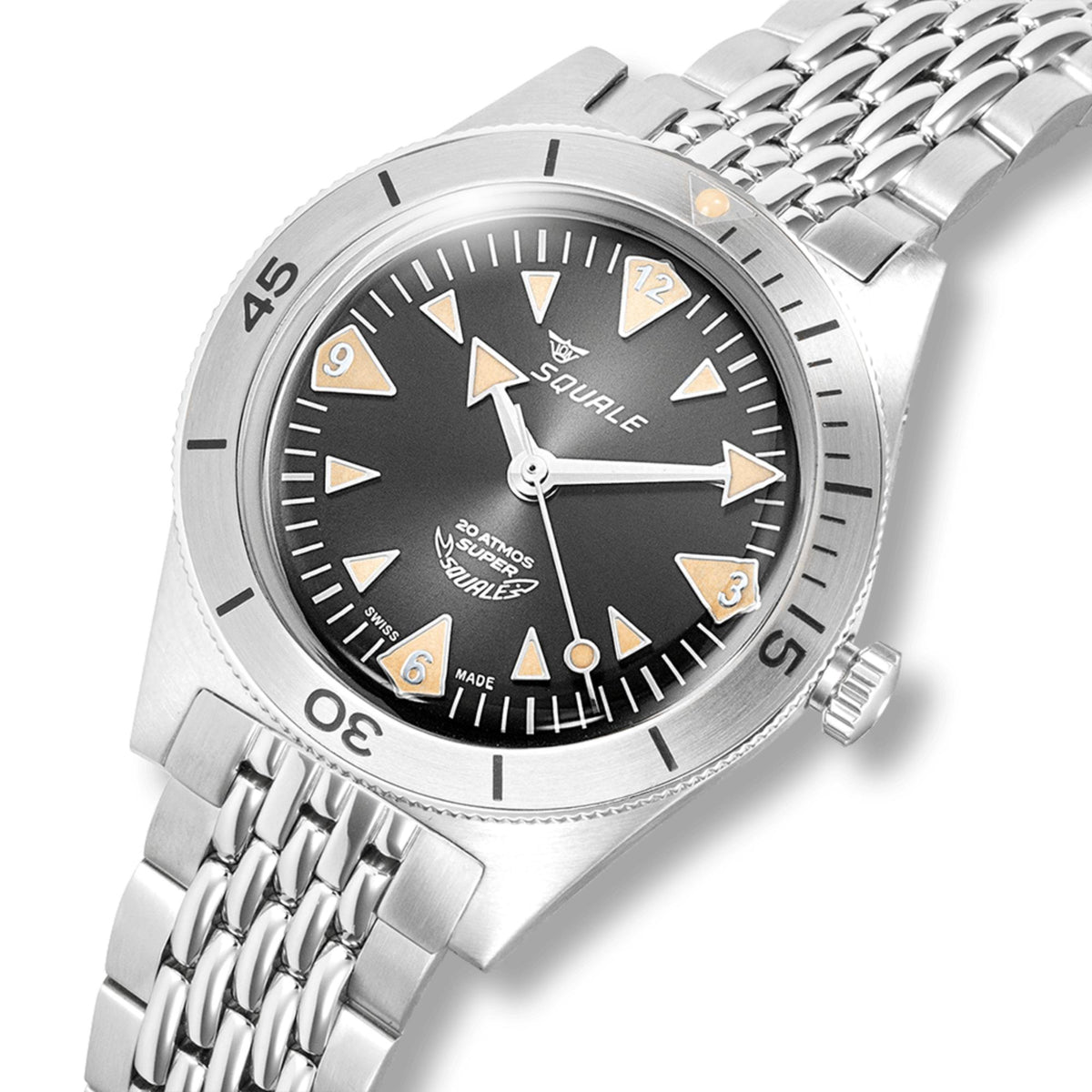 Angled view of men's steel watch with black dial, baton markers, and date bezel