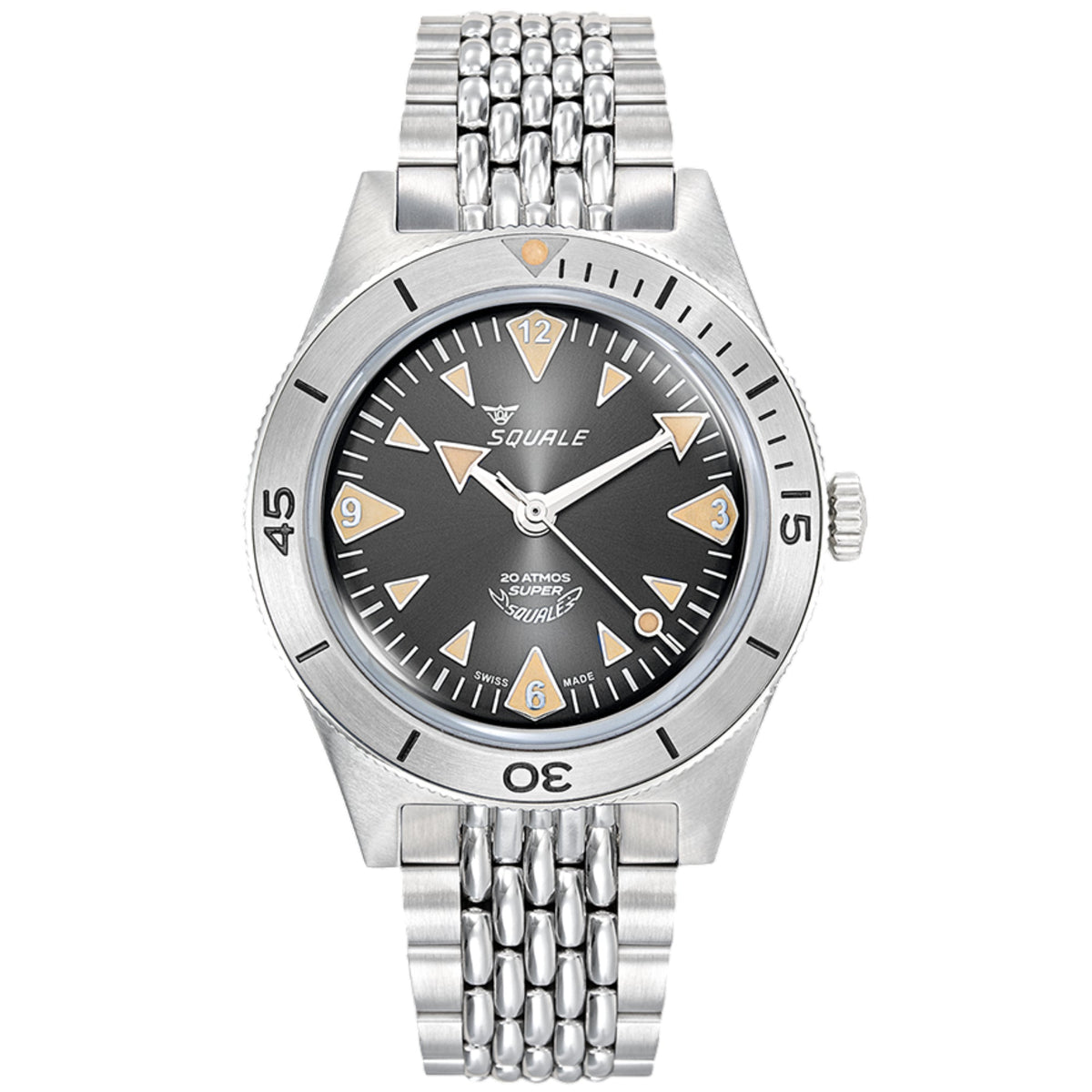 Men's stainless steel watch front with black dial, hour markers, and crown