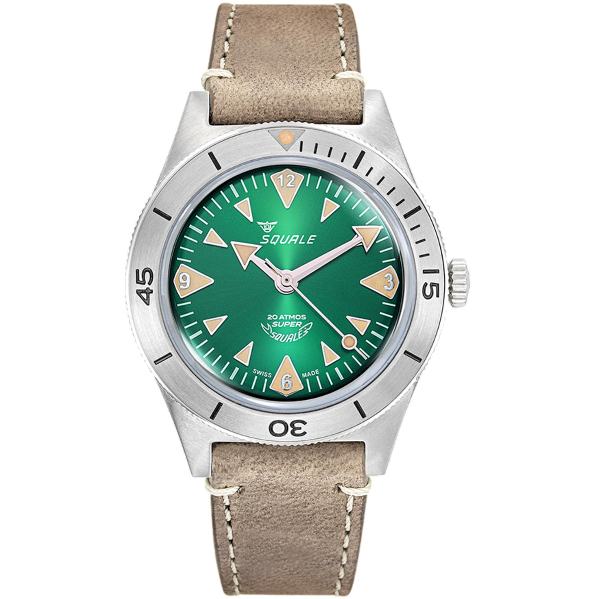 Men’s watch with green dial, luminous-style markers, silver case, tan leather strap