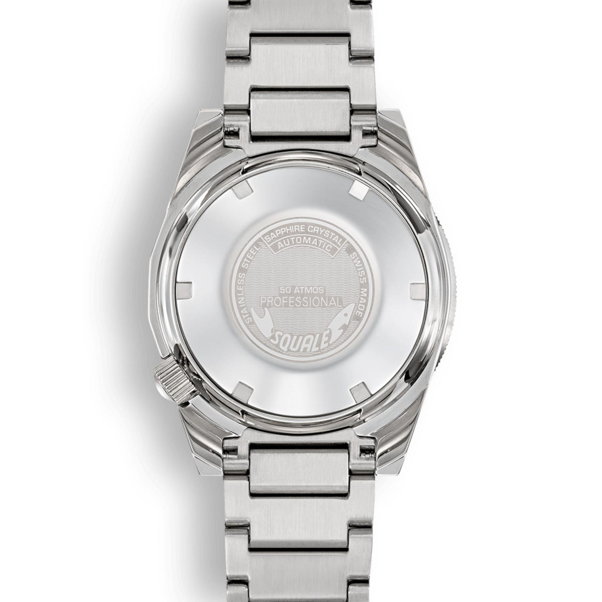 Men's steel automatic watch back with embossed cover and bracelet links
