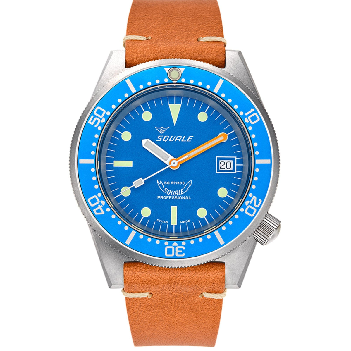 Men's diver watch with blue dial and bezel, tan-brown leather strap, date window