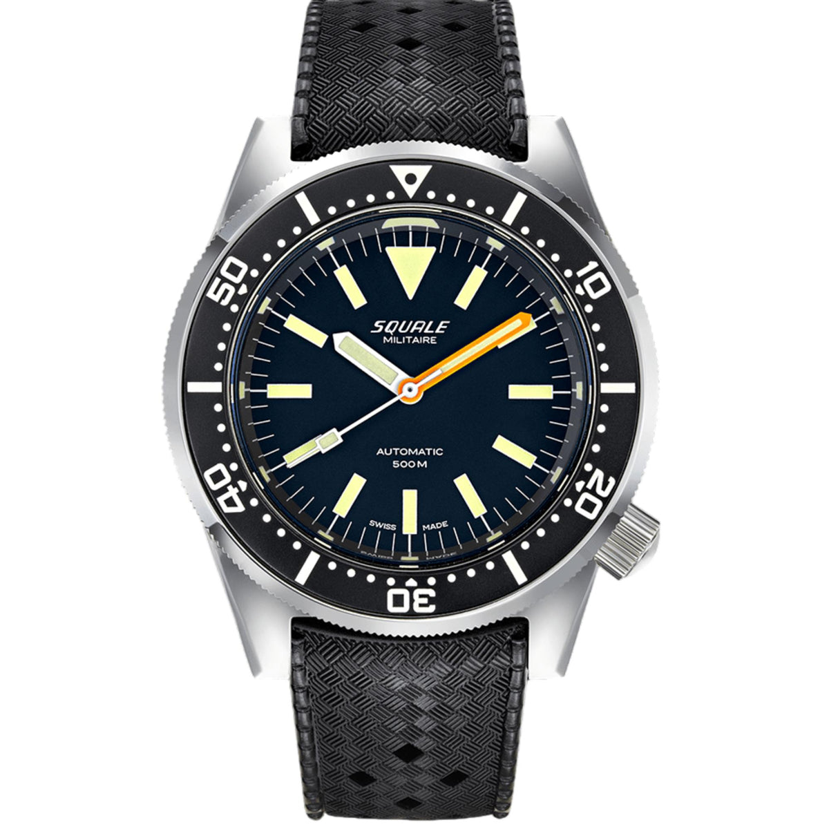 Men's automatic diver watch with blue dial, orange second hand, black rubber strap.