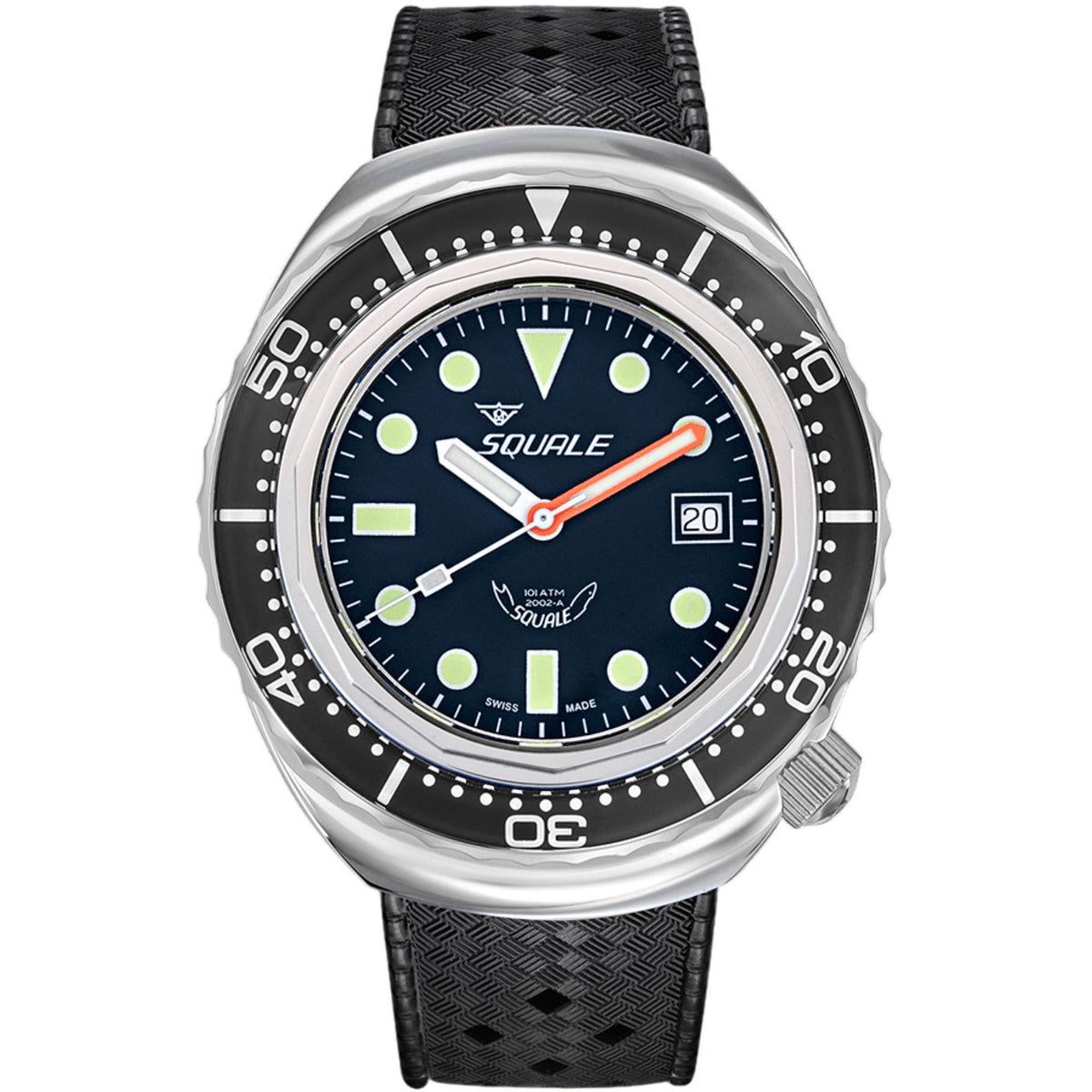 Men's dive watch with black rubber strap, blue dial, green markers, orange seconds hand