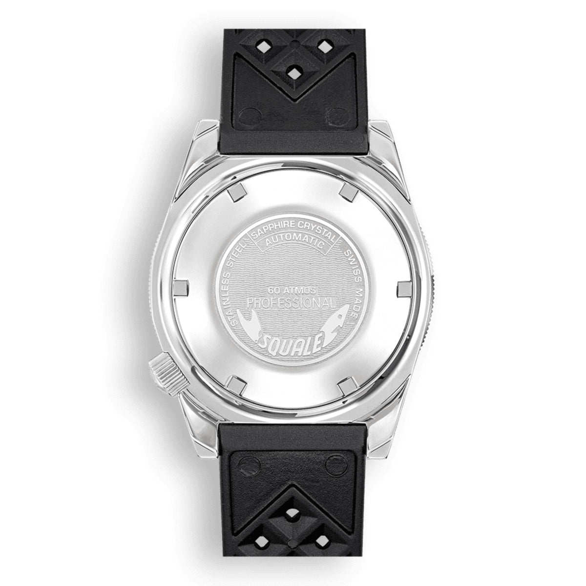 Men's automatic watch caseback view with grey text and black rubber strap