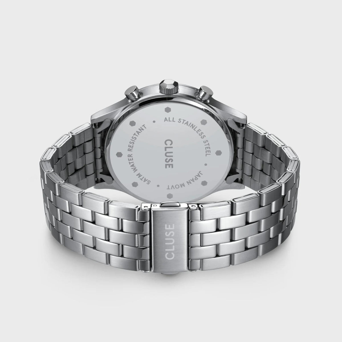 Stainless steel watch back with link bracelet strap and logo clasp