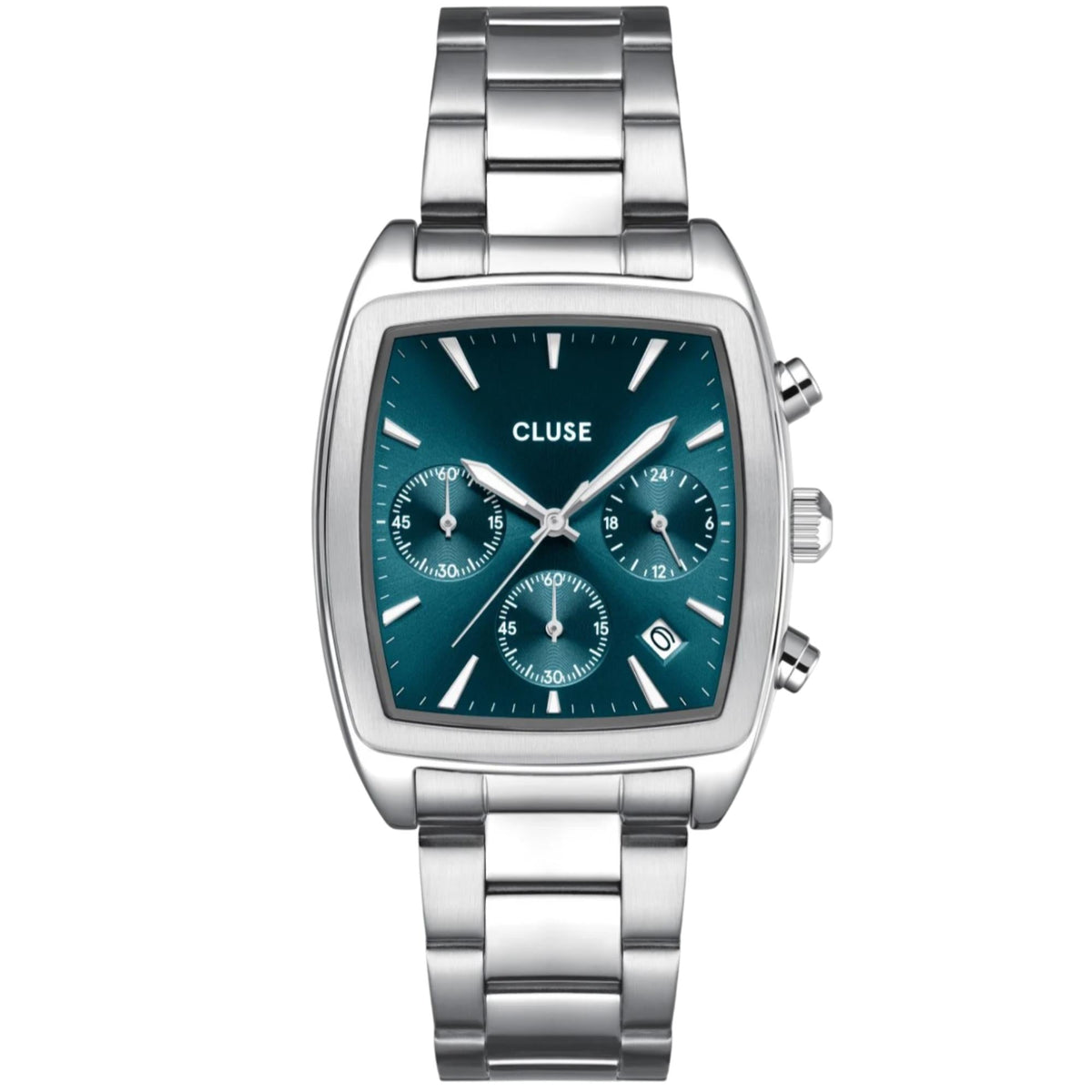 Men's steel chronograph watch with blue dial, rectangular case, bracelet