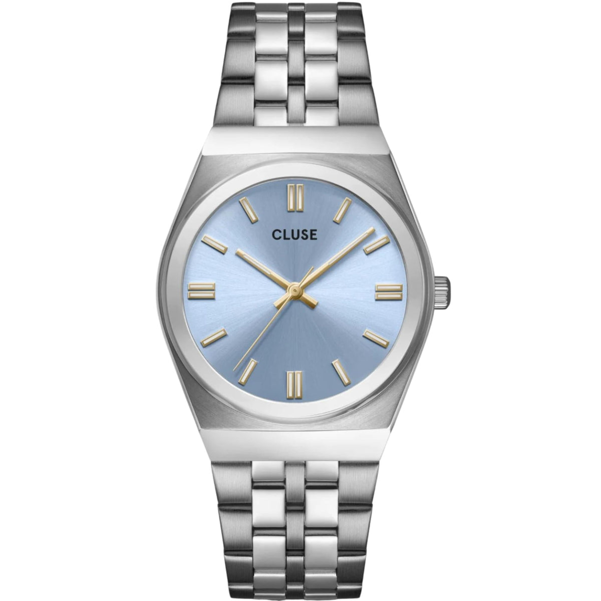 Women's steel bracelet watch with light blue dial and gold markers