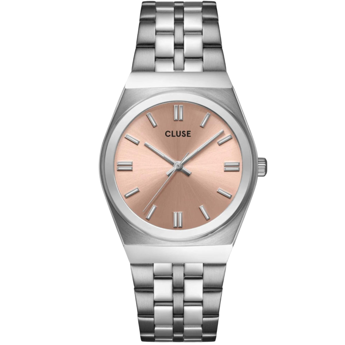 Women’s quartz watch with silver steel bracelet and round case, pink dial