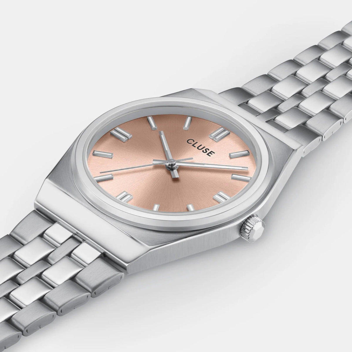 Silver steel bracelet women’s quartz watch with pink dial and baton hour markers