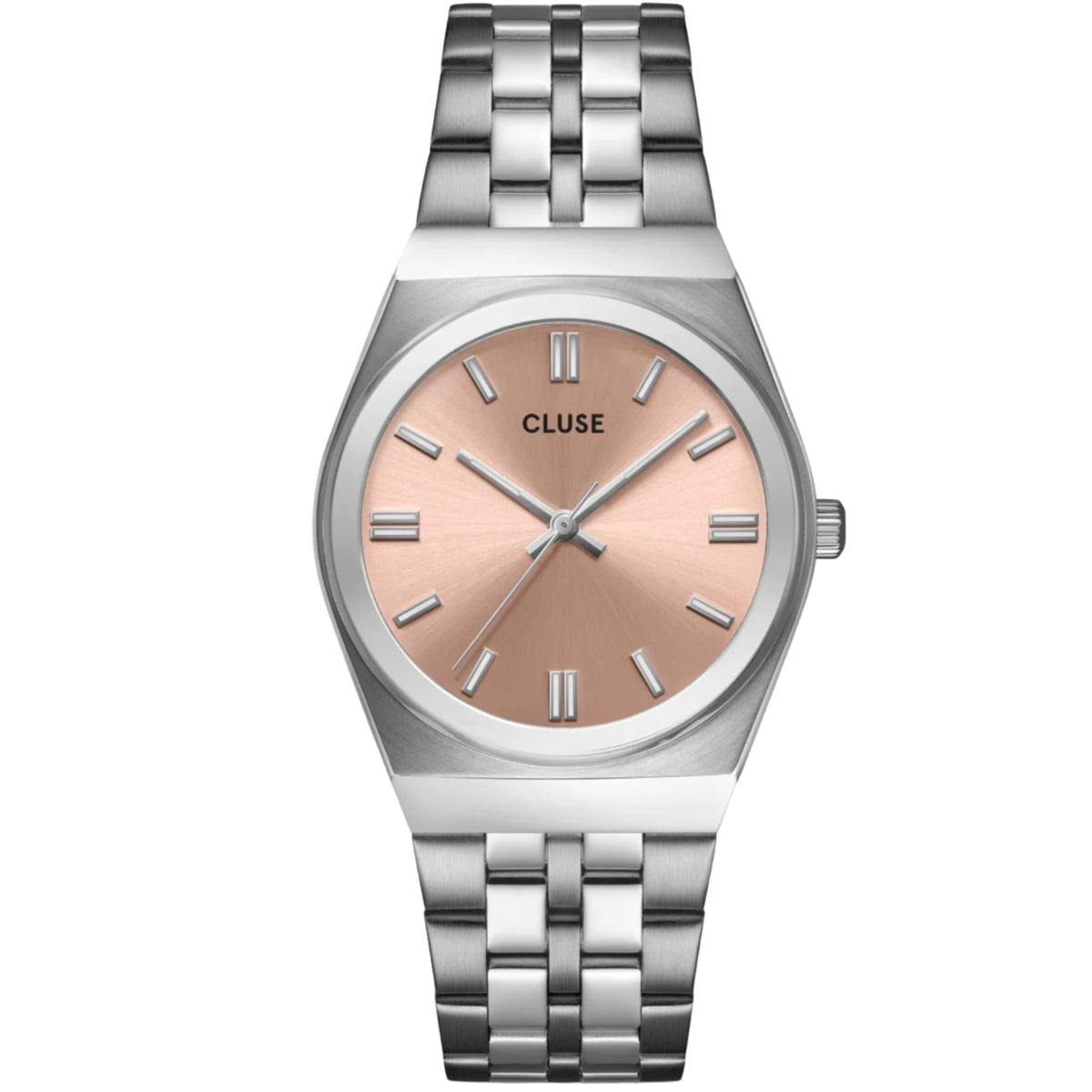 Women’s quartz watch with stainless steel strap and round case, pale pink dial