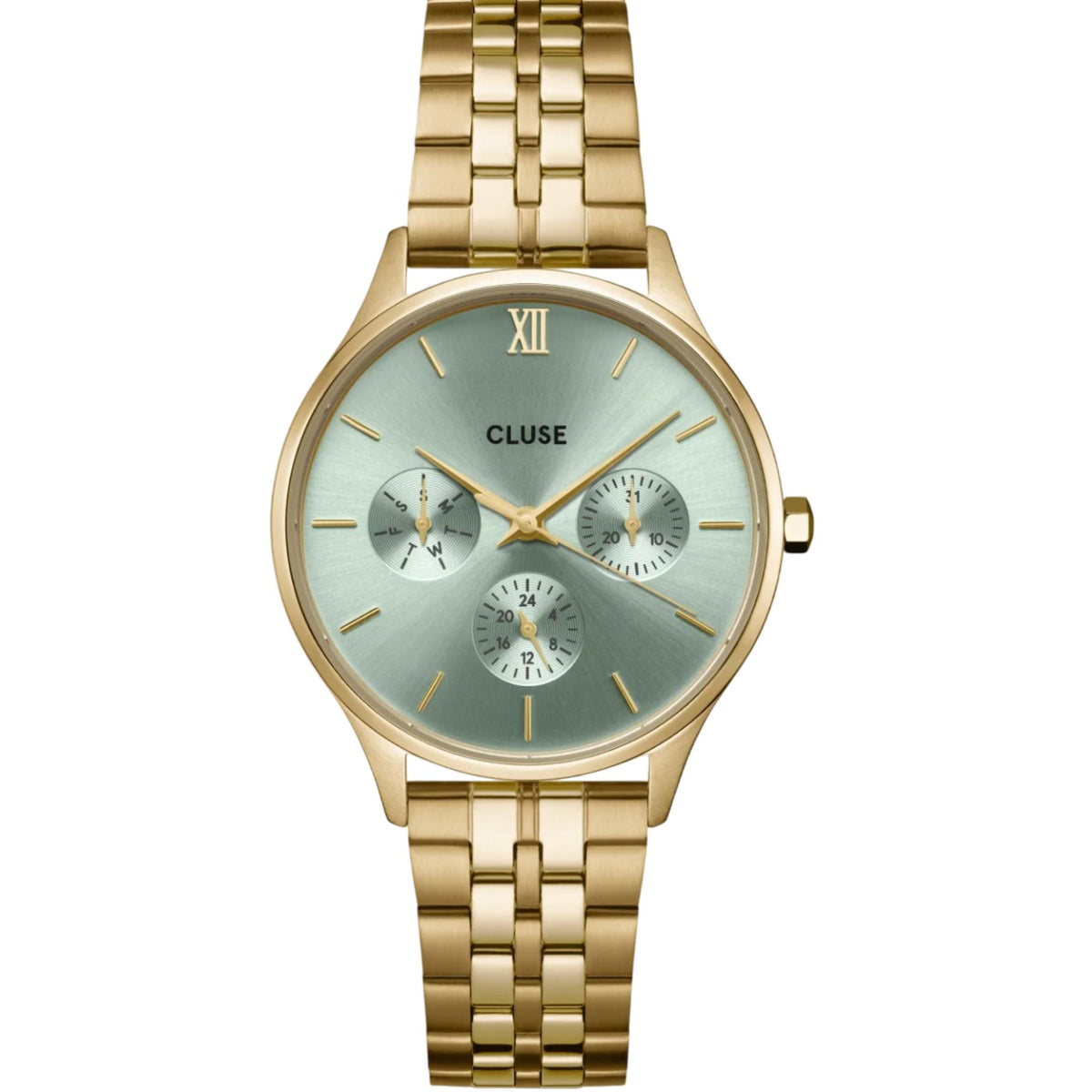 CLUSE Minuit watch front view, green dial with three subdials and Roman numeral XII