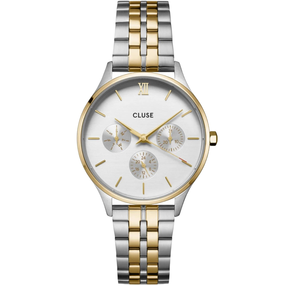 Women’s two-tone quartz chronograph watch with white dial and stainless steel link bracelet