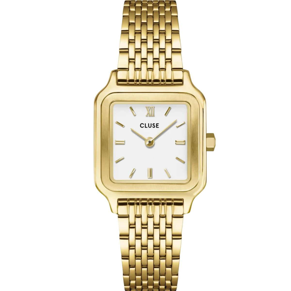 CLUSE women’s quartz watch with gold-tone square case, white dial, and link steel band