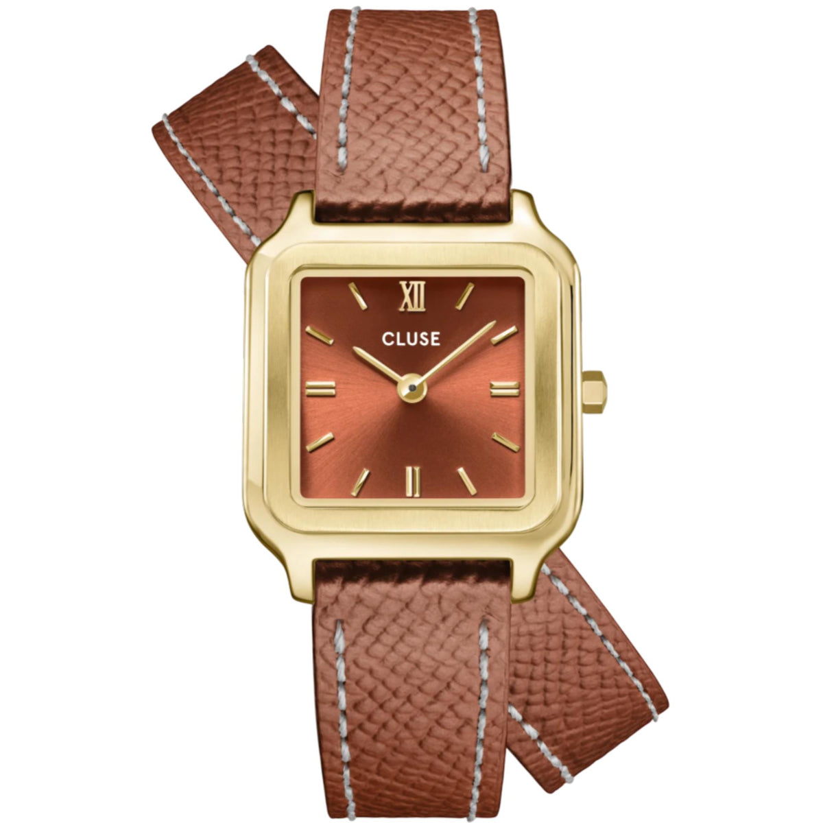 Square women’s watch product photo: brown leather strap, gold-toned case, red-brown dial