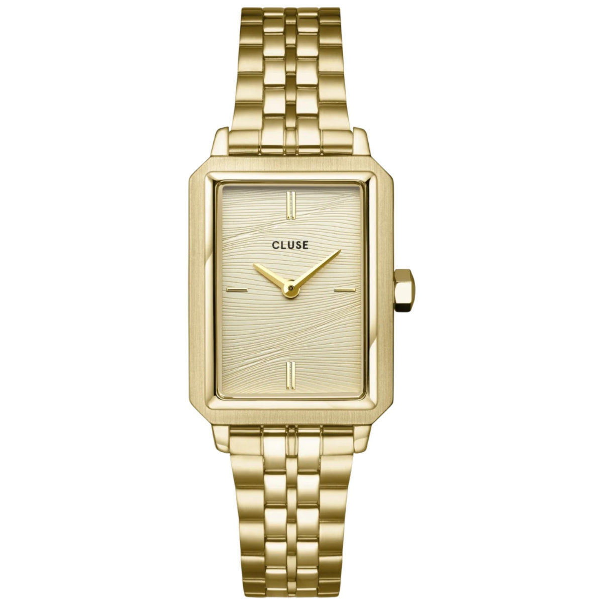 Gold rectangular quartz watch with cream dial, logo, and metal link strap