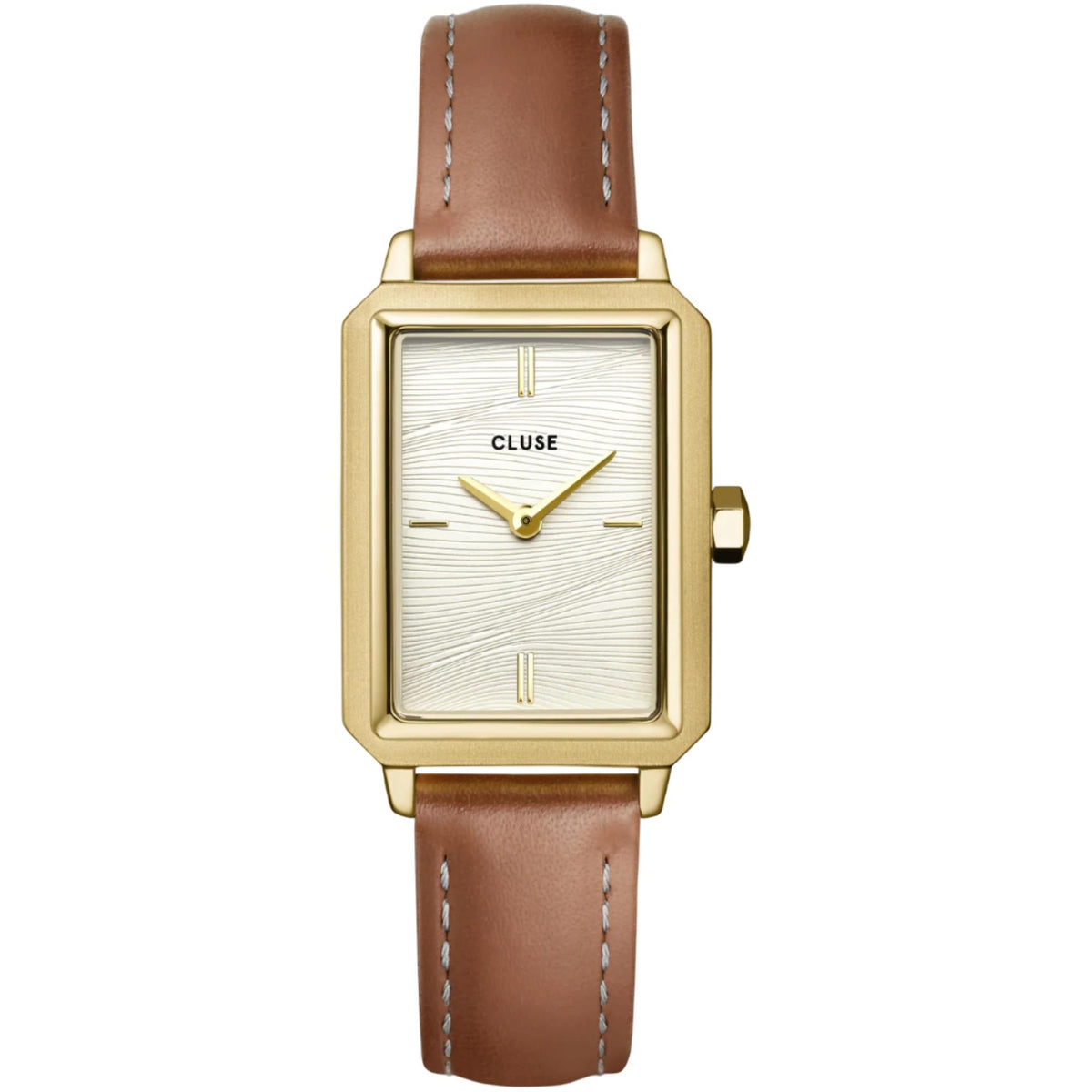 Women's gold square quartz watch with white dial and brown leather strap