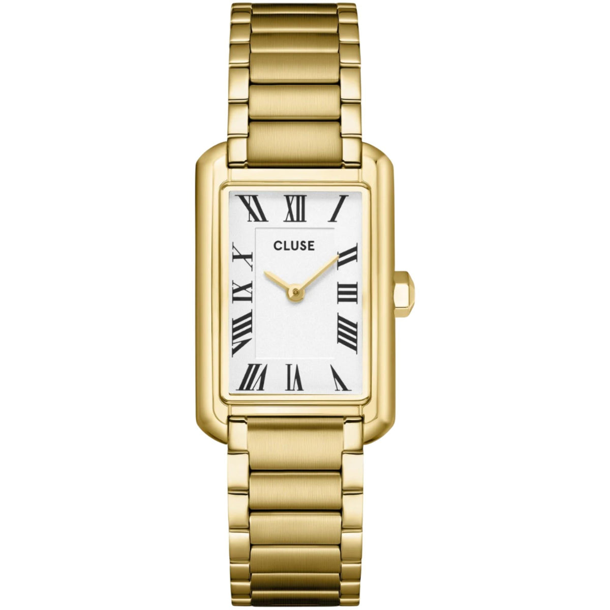 Gold-tone rectangular CLUSE watch with white dial, roman numerals, metal link bracelet