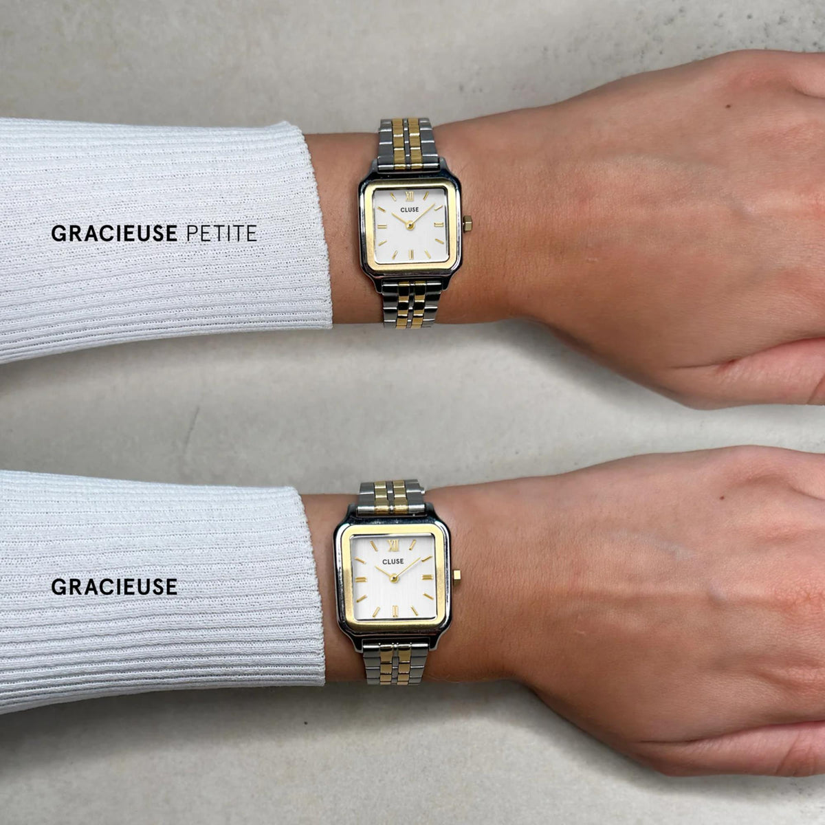 Two square quartz watches on wrists: gold-trimmed white dial with two-tone bracelets