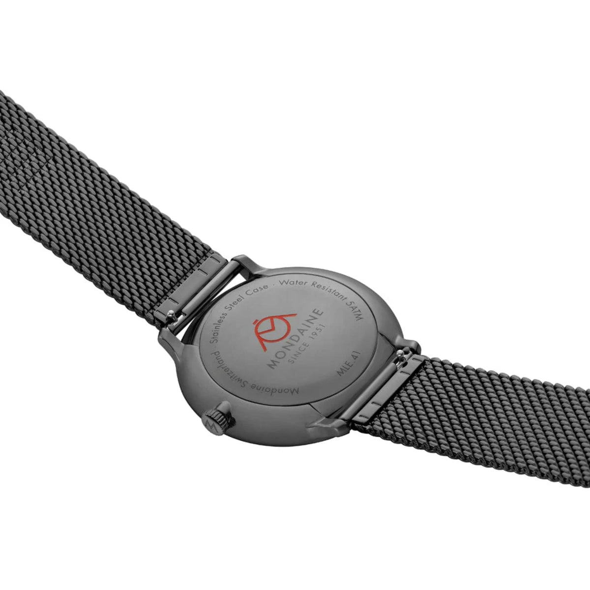 Mondaine Doppio MLE.41220.SM stainless steel case back and water resistant engraving detail