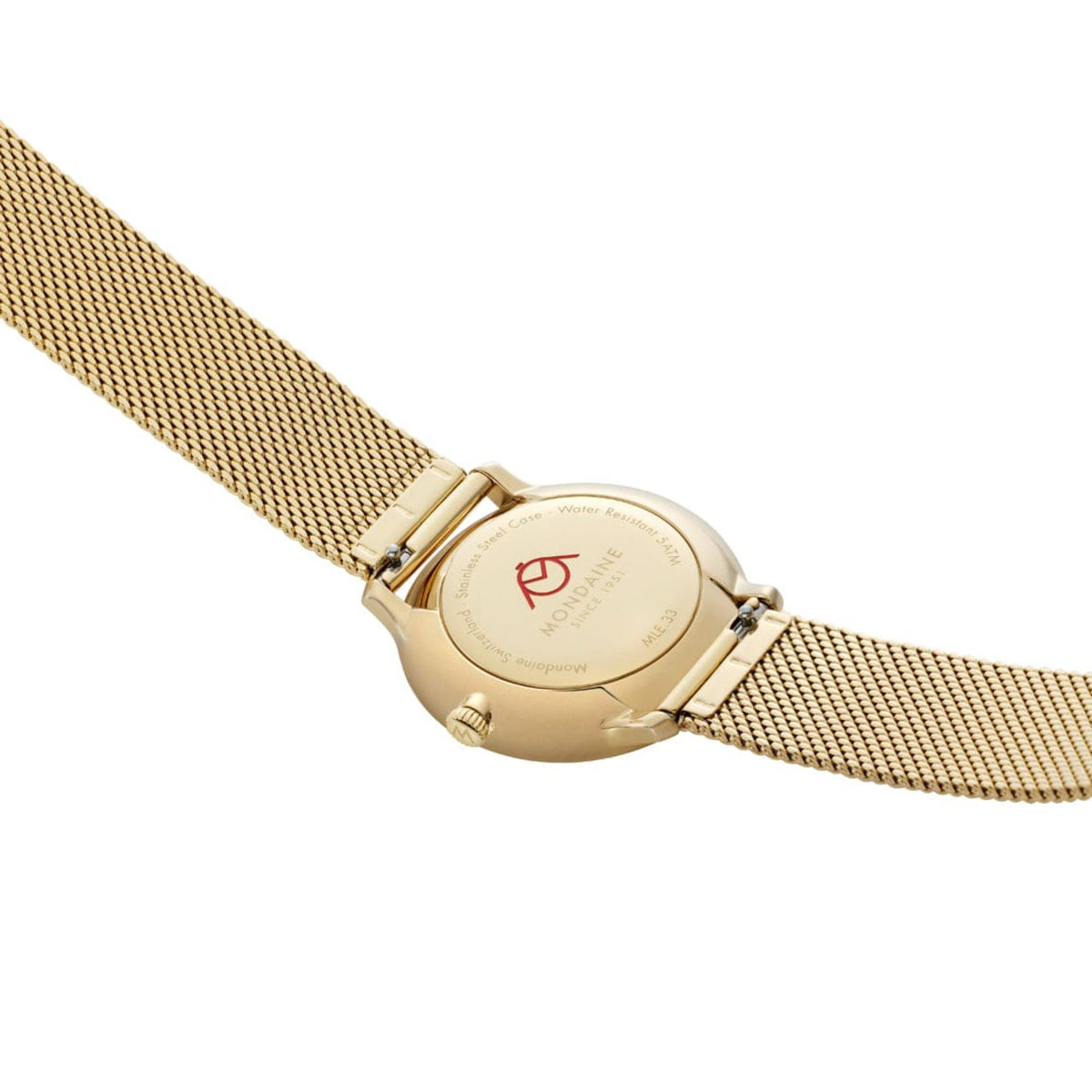 Mondaine Doppio MLE.33111.SM case back view showing engraved watch specifications and red logo
