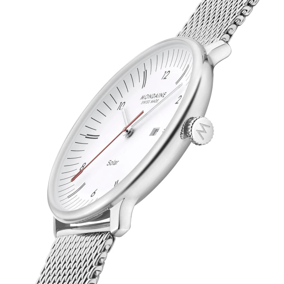 Mondaine Doppio MLE.41910.SM solar white dial watch angled side profile view showing crown detail