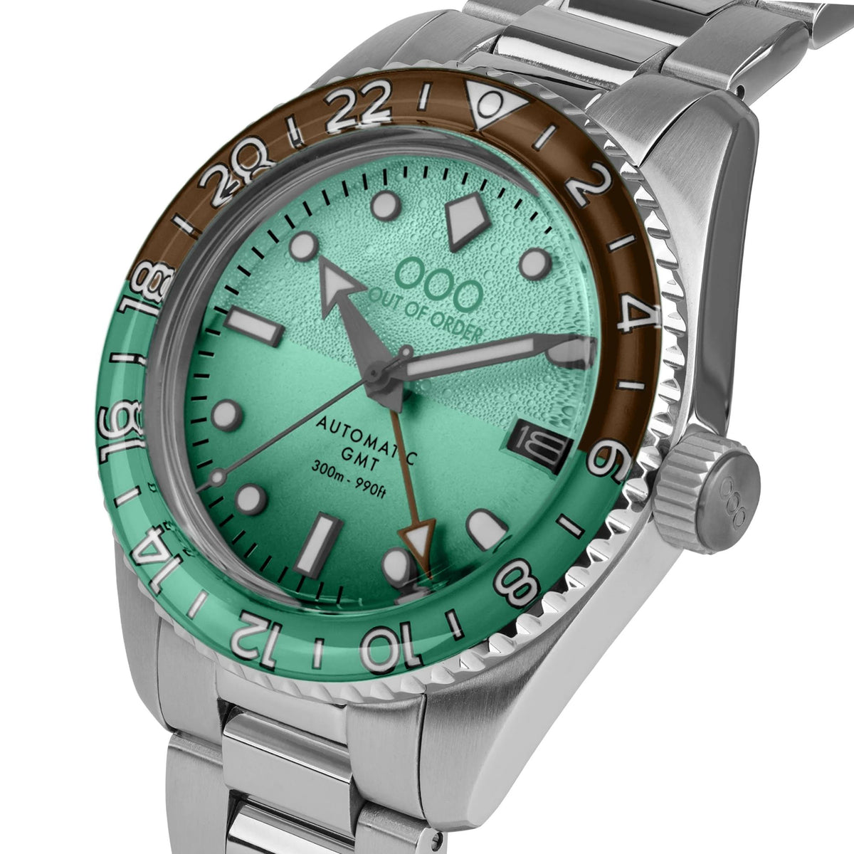Men's automatic GMT watch with mint green dial and stainless steel bracelet strap