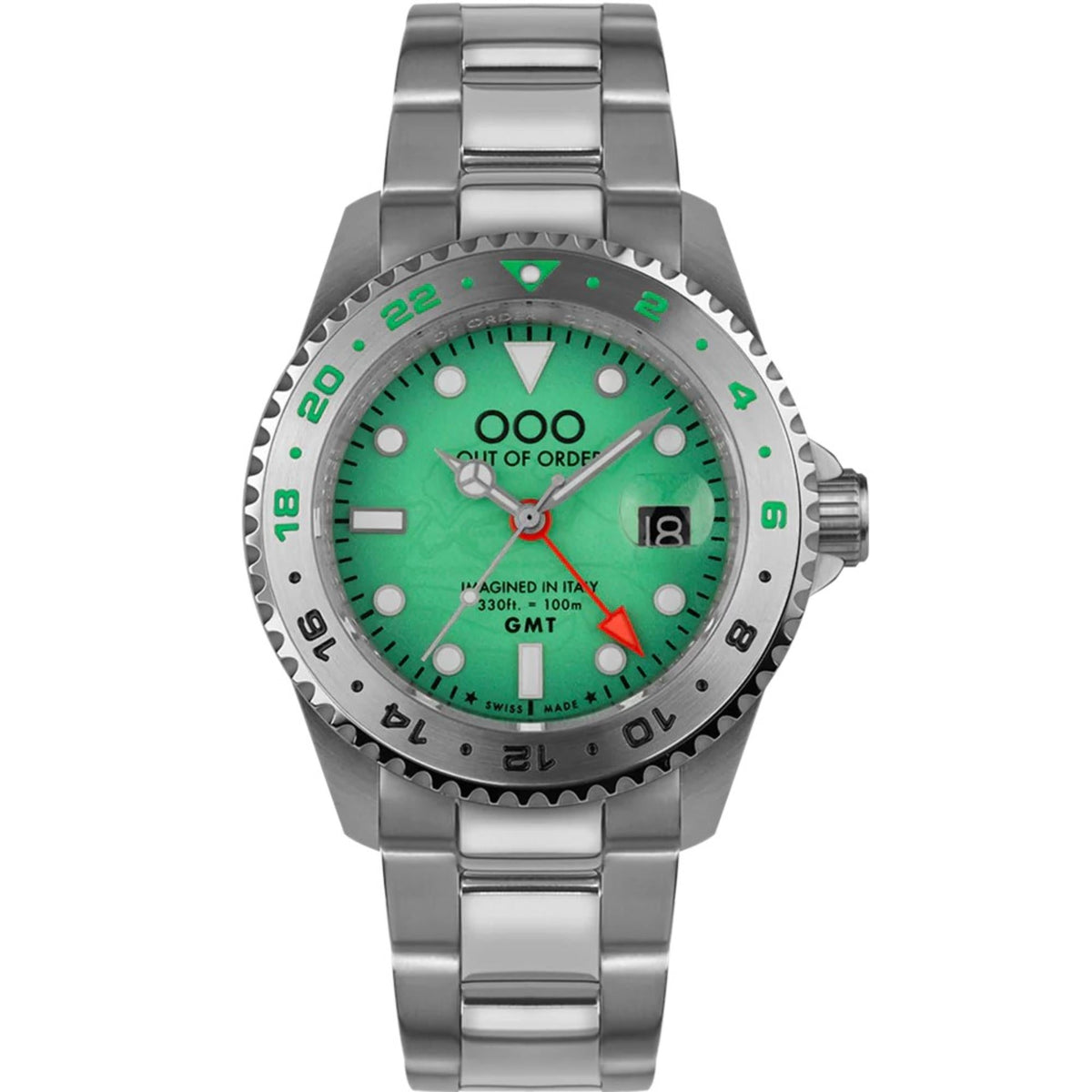 Men's GMT wristwatch full view with stainless bracelet, green dial, and red GMT hand.