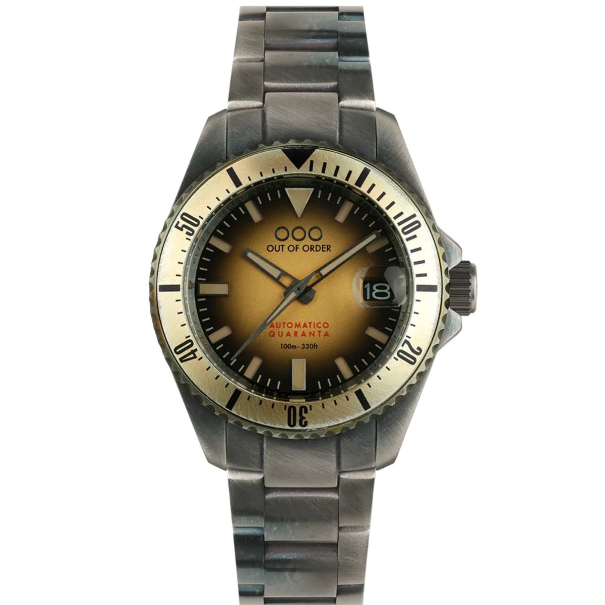Men's automatic watch front view with sand sunburst dial and brushed steel link bracelet