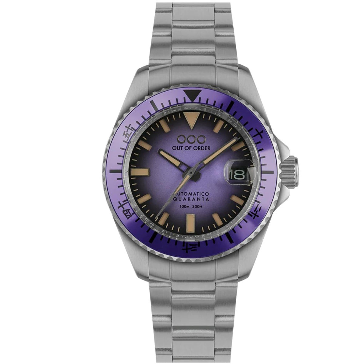 Men's stainless steel watch front view with purple bezel ring and dark purple dial