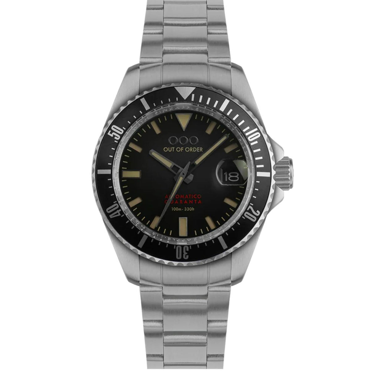 Men's automatic wristwatch front view, black dial with date window, steel bracelet