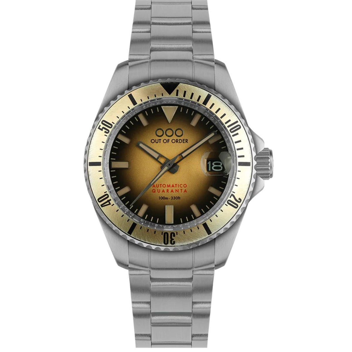 Men's automatic diver watch with sand sunburst dial, steel bracelet, date window at 18