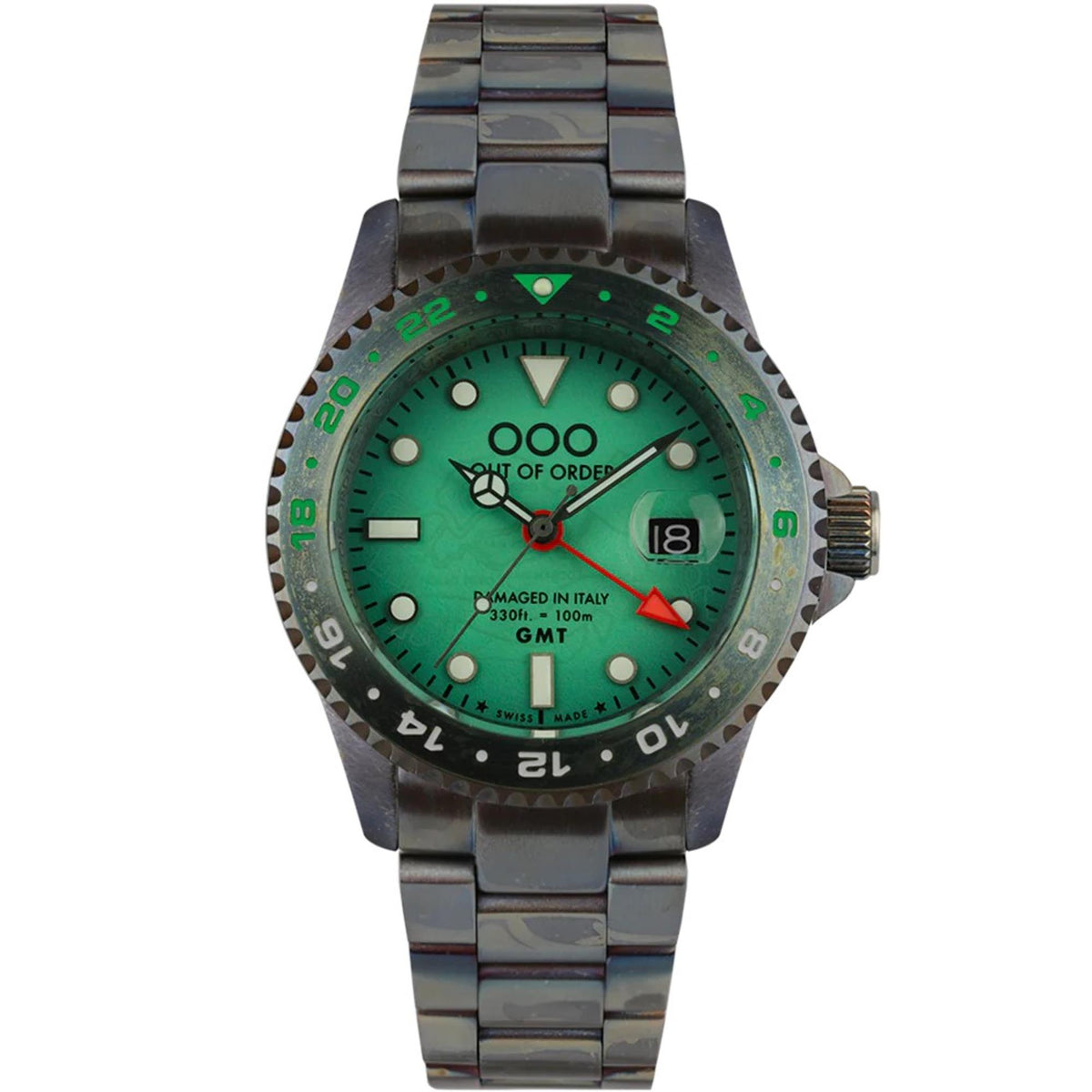 Men's GMT wristwatch with green dial, black steel bracelet, and distressed bezel with numerals