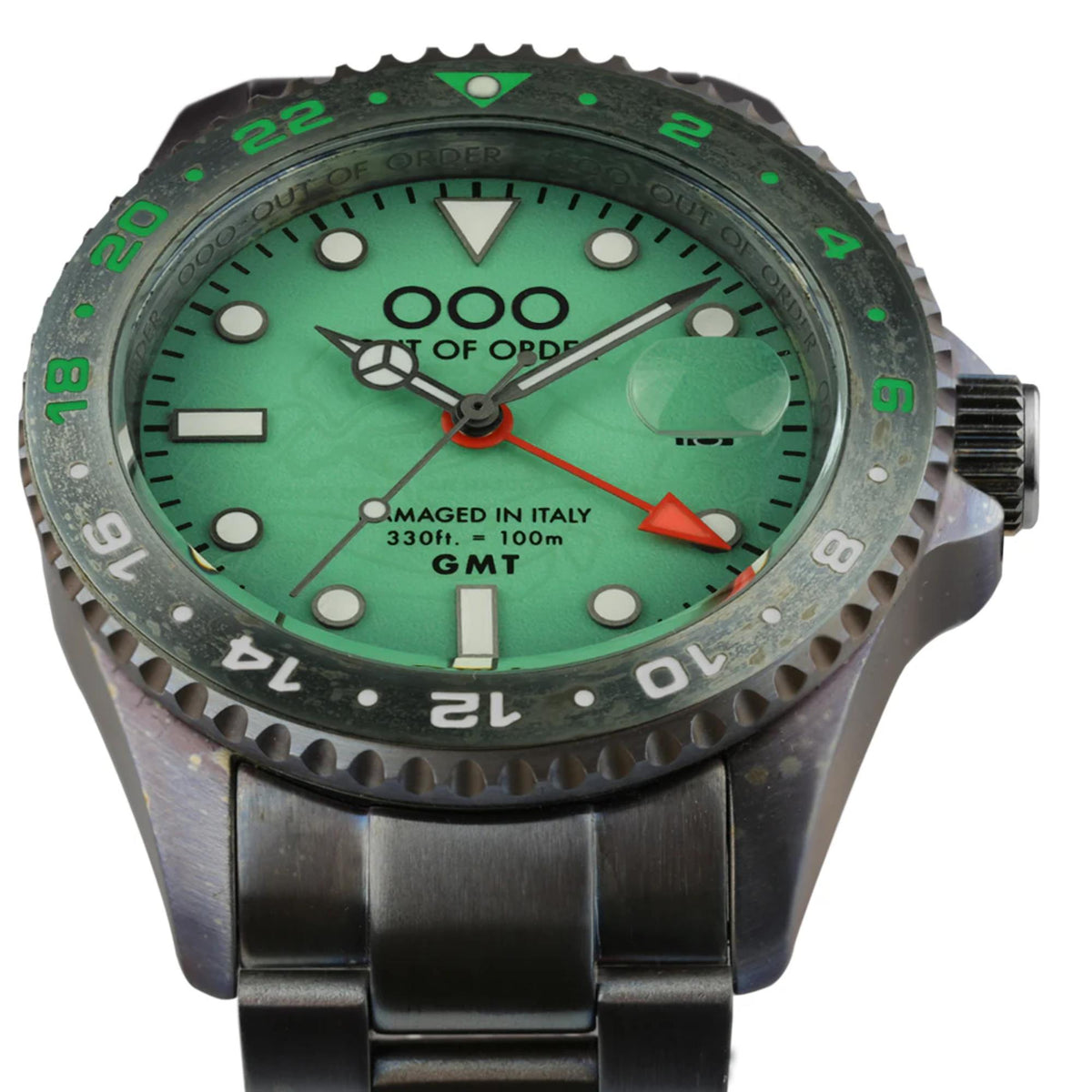 Men's steel strap GMT watch with distressed green dial and rotating bezel