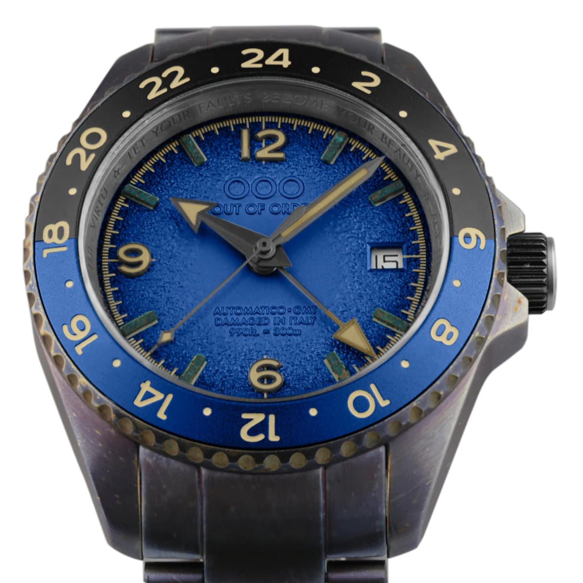 Men's automatic GMT wristwatch front view with blue dial, gold markers, and dark bezel
