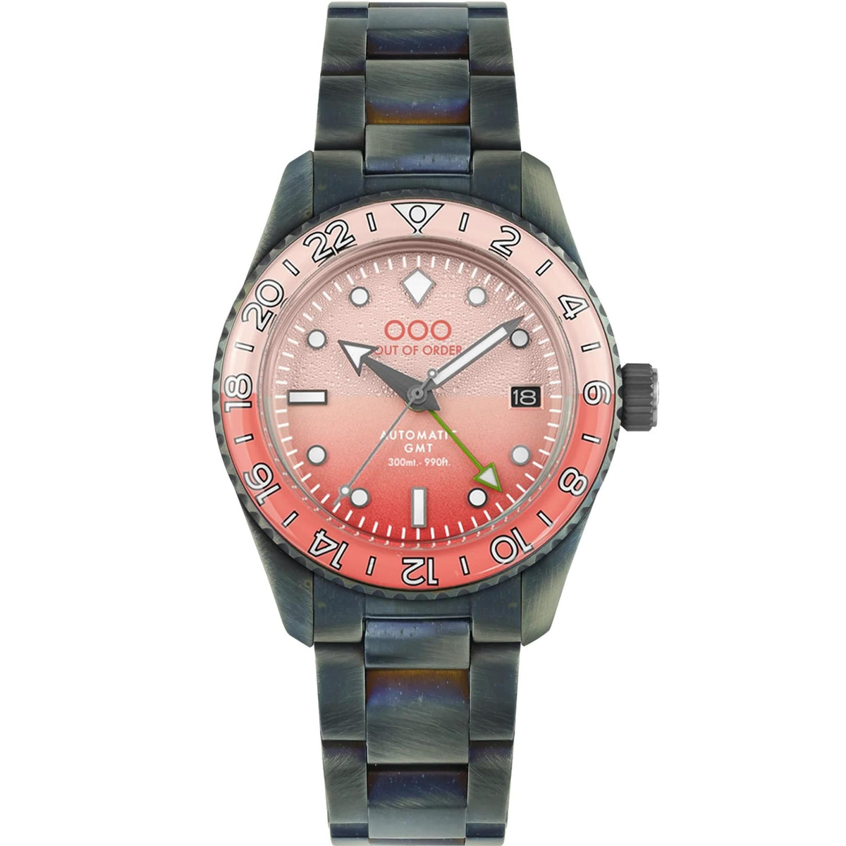 Men’s stainless steel dive-style watch with orange distressed dial and black metal bracelet