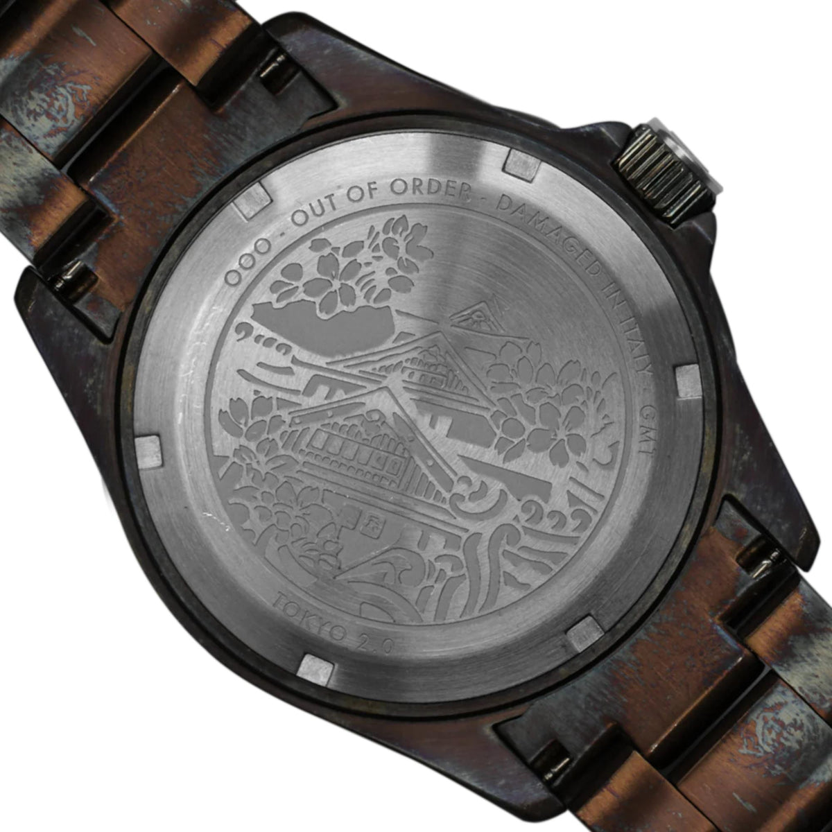 Men's wristwatch case back with engraved design, dark grey metal, brown leather strap