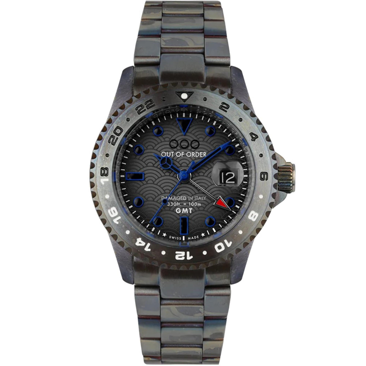 Men's dark grey wristwatch with blue dial, GMT markers, and steel bracelet, ridged bezel