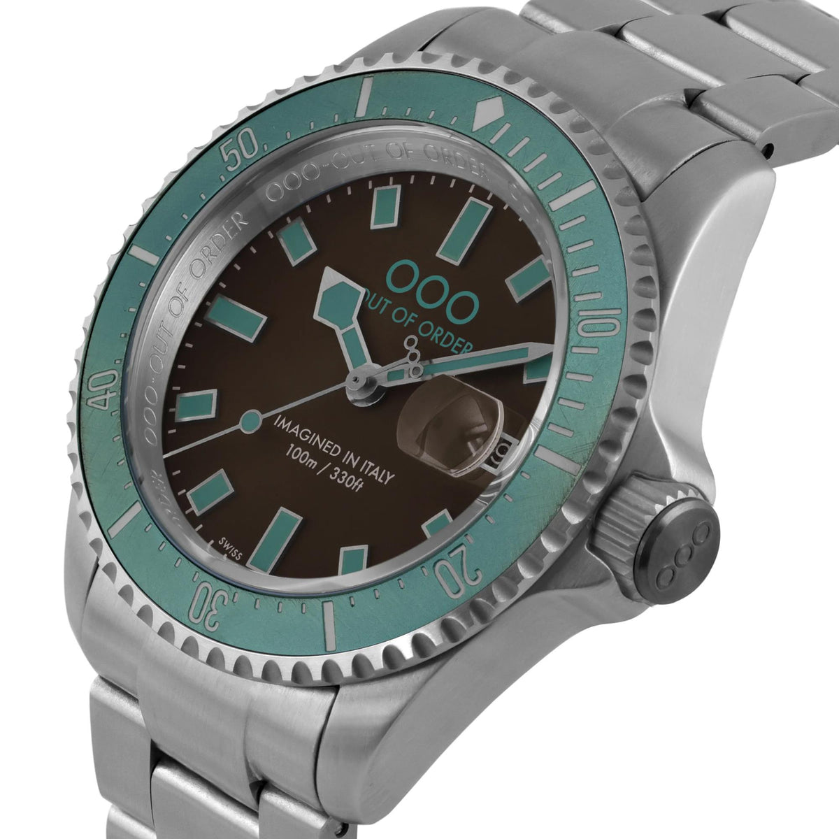Men's steel wristwatch angled view, teal bezel, dark brown dial, crown detail
