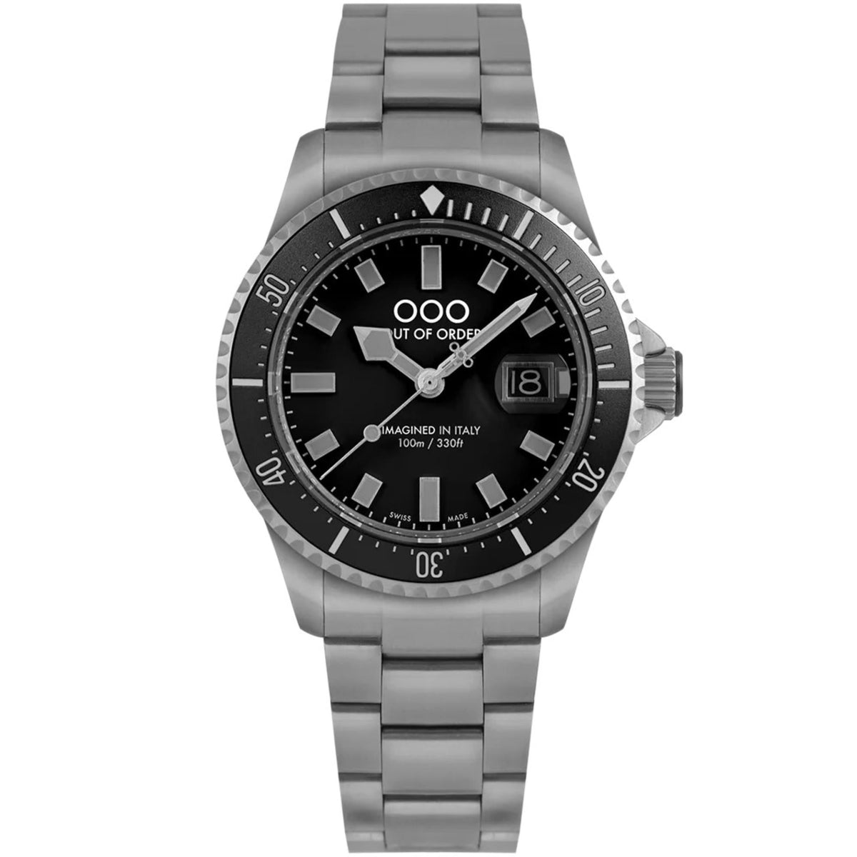 Men's steel bracelet wristwatch with black dial, bezel scale markings, and side crown