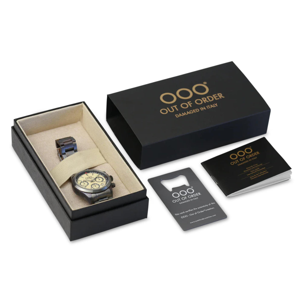Men's quartz watch in open gift box with booklet and strap accessories