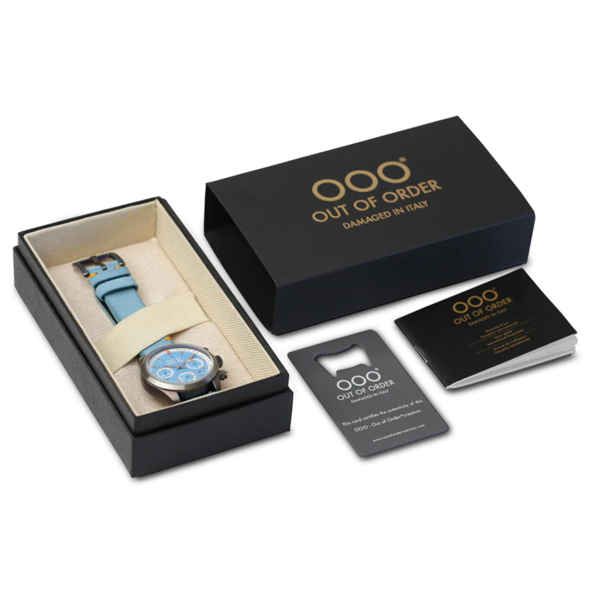Men’s sporty chronograph watch gift set in open box with papers and blue strap