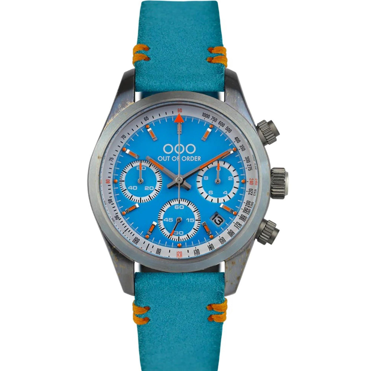 Men's chronograph quartz watch with blue dial and teal fabric strap, steel case