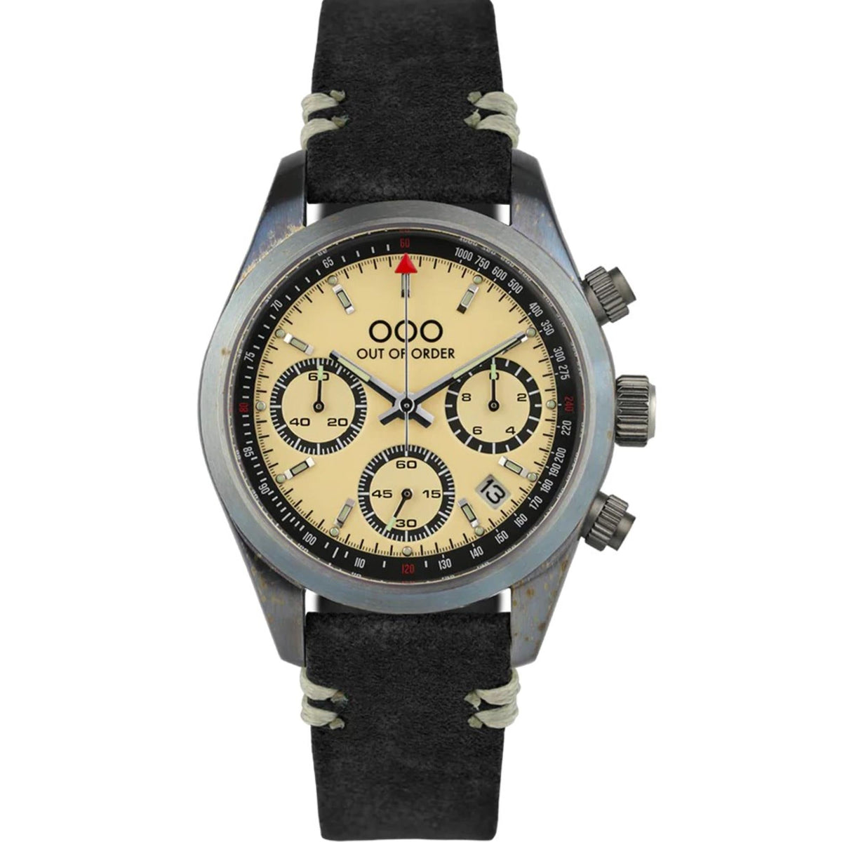 Sporty quartz chronograph watch with cream dial, black case, and black strap