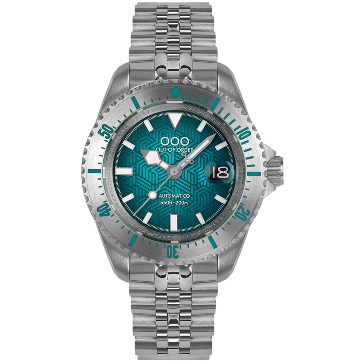 Men's dive watch with teal geometric dial, silver bezel, and stainless steel bracelet.