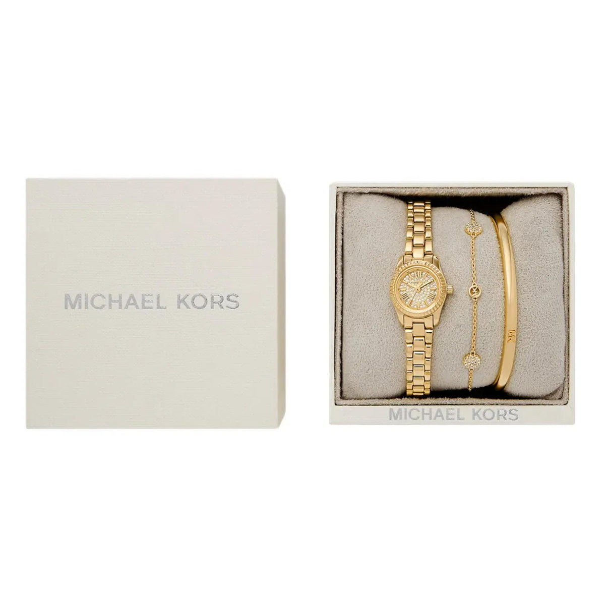Gold-tone women's wristwatch with crystal-pave bezel and metal link bracelet