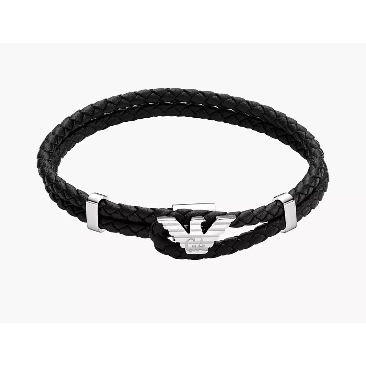 Black braided leather ID bracelet with silver clasp and embossed center logo