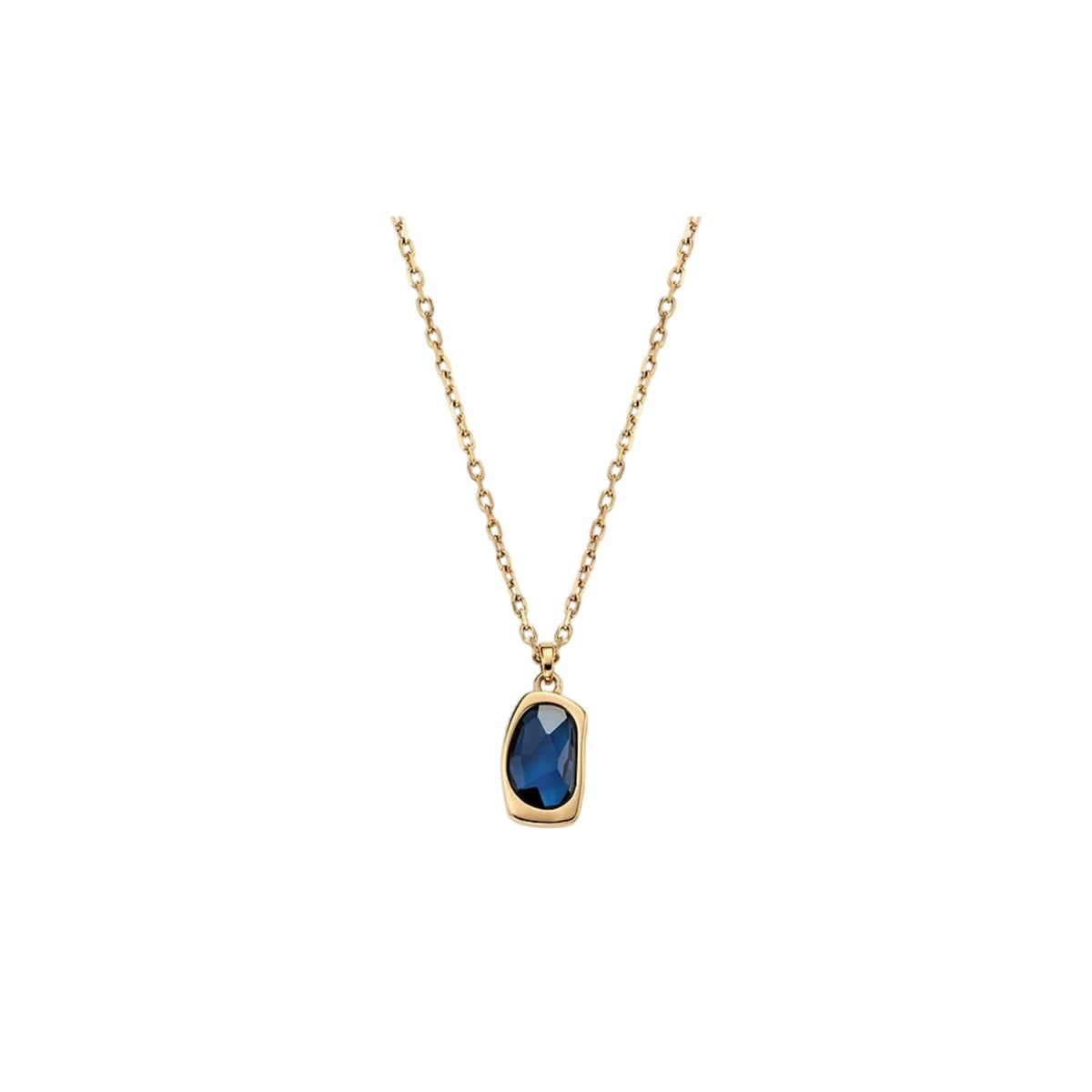 Gold-tone pendant necklace with oval blue sea-glass style stone in bezel setting