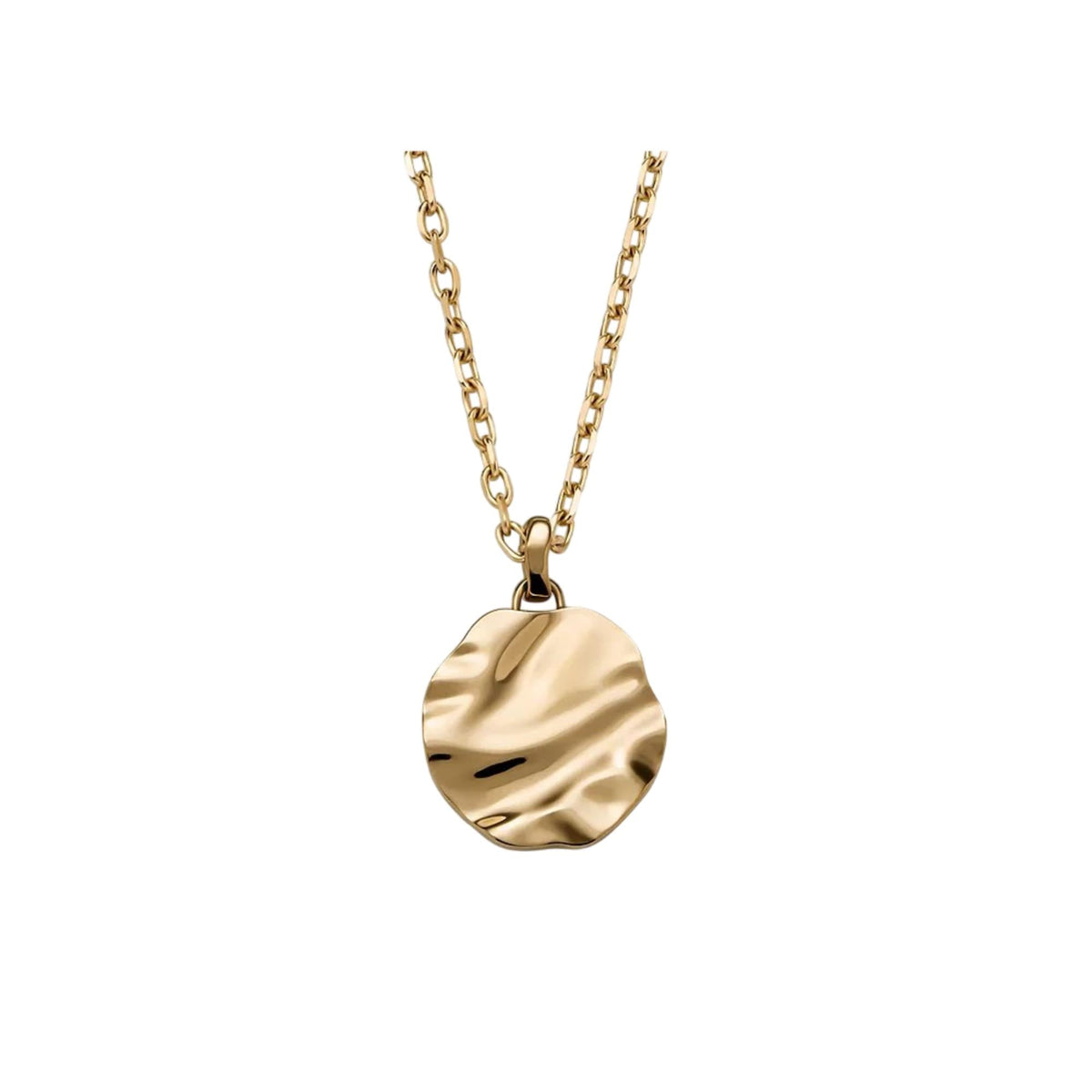 Gold-tone necklace close-up: round textured disc pendant on chain
